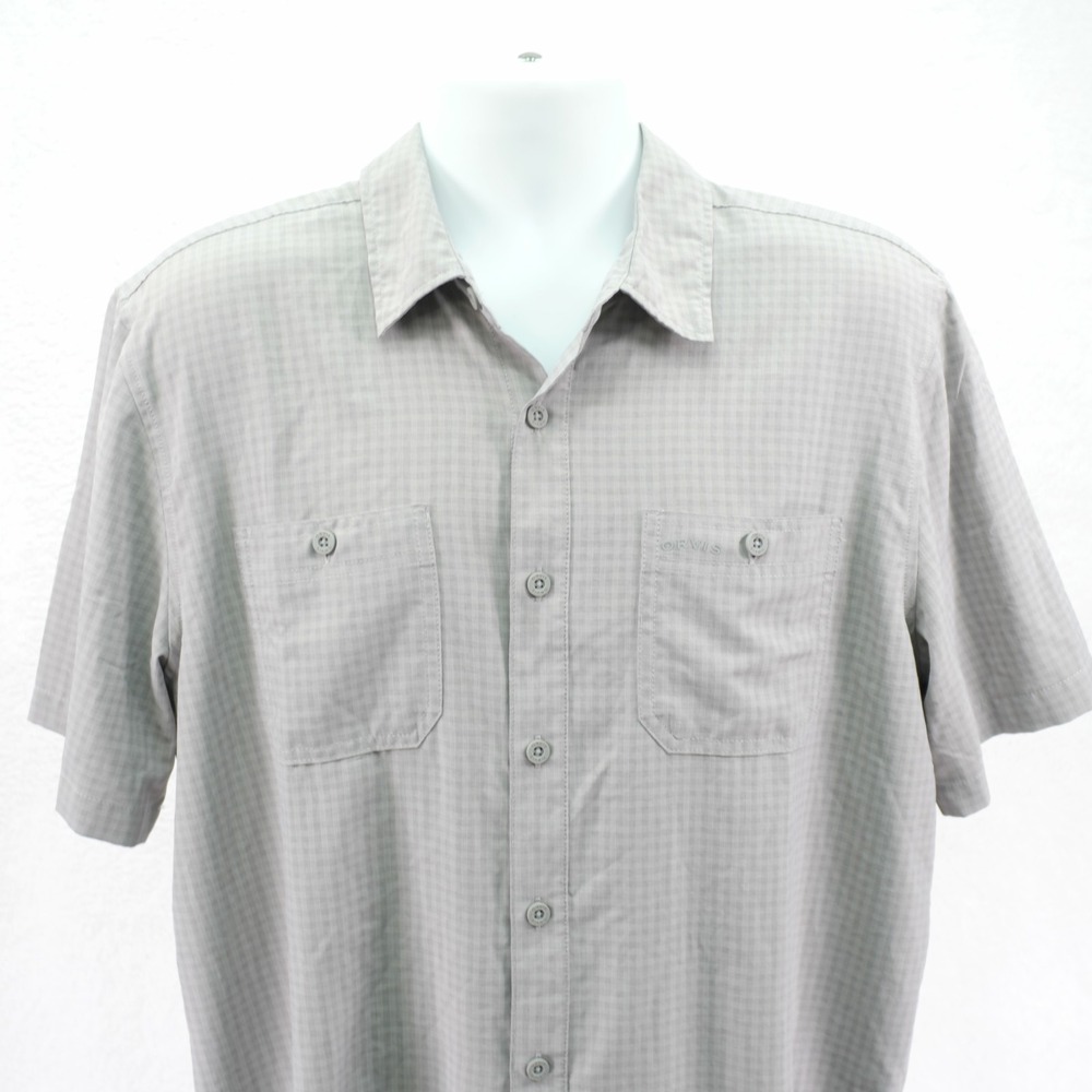 Orvis Large Men's Gray Check Short Sleeve Collared Dress Shirt Polyester
